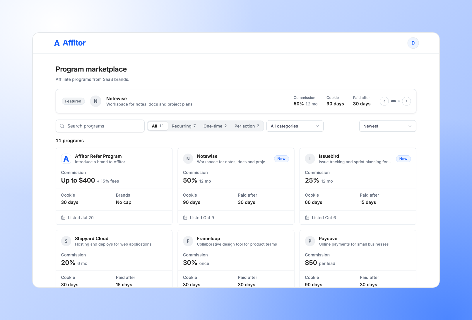 The marketplace: a featured program on top, then search, type filters, a category menu, sort, and a grid of program cards